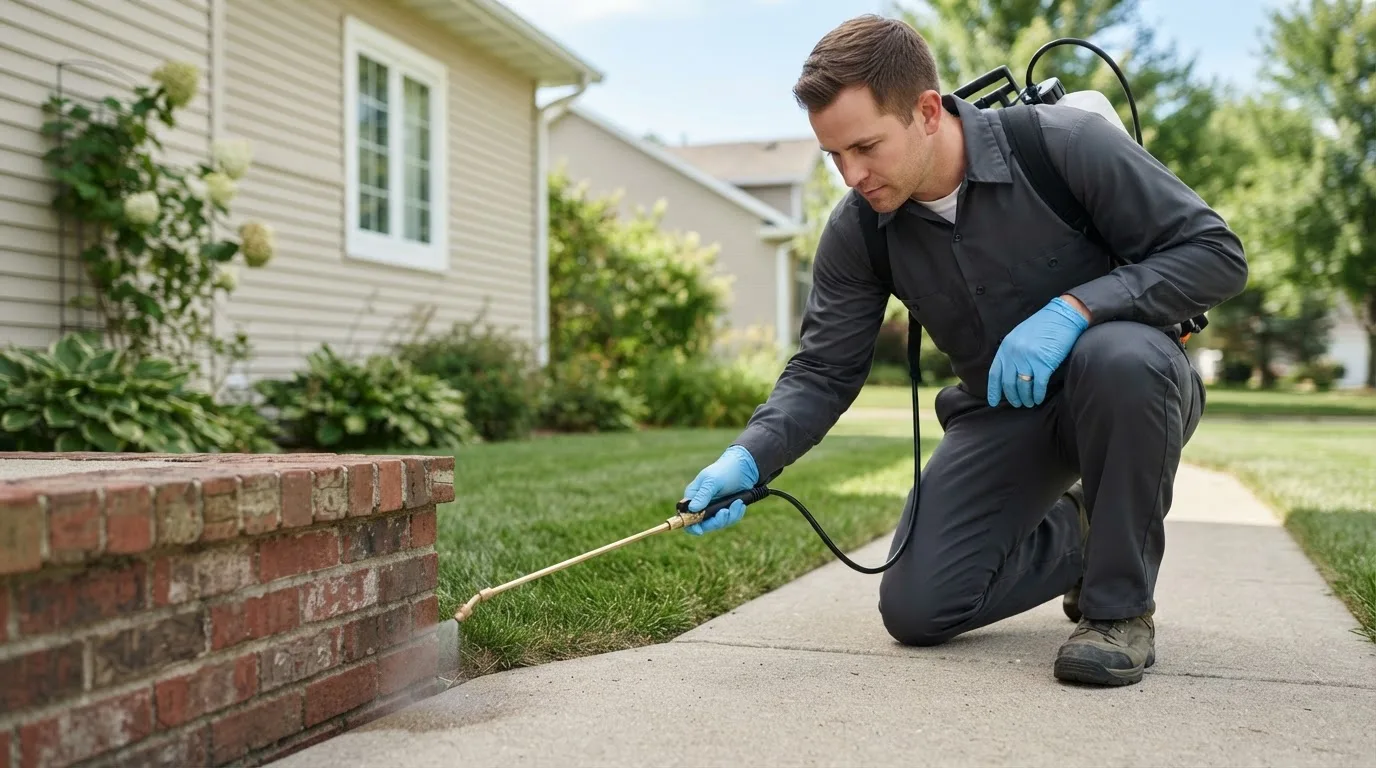 Pest control technician treating a home near Losantville, IN