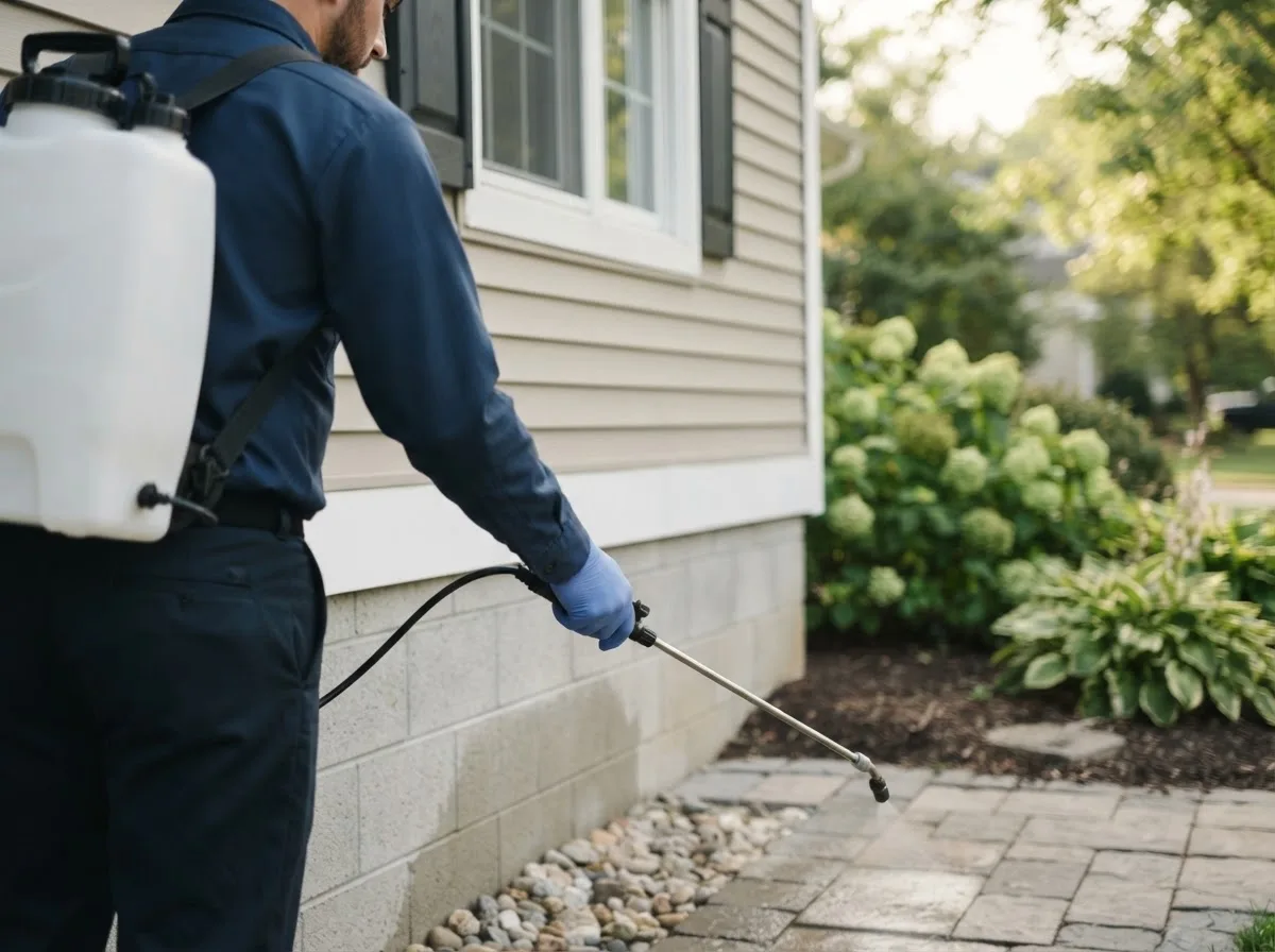 Pest control technician inspecting a home in Losantville, IN